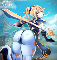 Rule 34 | 1girl, ass, blonde hair, blue eyes, blush, boots, breasts, cameltoe, from behind, genshin impact, gloves, hair ornament, highres, huge ass, jean (genshin impact), large breasts, long hair, looking at viewer, looking back, nekoneige, pants, pantylines, ponytail, shiny clothes, sideboob, skin tight, solo, sword, tailcoat, weapon