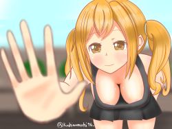 Rule 34 | 10s, 1girl, areola slip, arm behind back, artist name, bang dream!, bare shoulders, bent over, blurry, blurry background, blurry foreground, blush, breasts, brown eyes, brown hair, cleavage, closed mouth, downblouse, hanging breasts, ichigaya arisa, kashiwamochi96, large breasts, leaning forward, long hair, looking at viewer, no bra, outstretched arm, skirt, smile, solo, twintails
