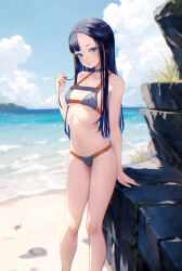 Rule 34 | 1girl, absurdres, alternate costume, asymmetrical bangs, bare shoulders, beach, bikini, black bikini, black hair, blue eyes, blue sky, breasts, chromatic aberration, cleavage, closed mouth, cloud, collarbone, commentary request, day, eunhwa (nikke), ex-mist, forehead, goddess of victory: nikke, highres, holding, holding own hair, long hair, looking at viewer, midriff, navel, ocean, outdoors, revision, shadow, sky, small breasts, smile, solo, standing, starfish, swimsuit