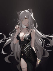 Rule 34 | 1girl, absurdres, alternate costume, animal ears, arknights, bare arms, bare shoulders, black background, black choker, black dress, black nails, breasts, cat ears, chinese commentary, choker, commentary request, cowboy shot, dress, hair between eyes, hair down, hand up, highres, kira (kirakrr), light particles, long hair, looking at viewer, medium breasts, nail polish, schwarz (arknights), silver hair, solo, spaghetti strap, standing, thigh strap, very long hair, yellow eyes