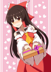 Rule 34 | 1girl, ascot, blush, box, brown eyes, brown hair, commentary request, cowboy shot, detached sleeves, embarrassed, gift, gift box, giving, hair between eyes, hair ribbon, hair tubes, hakurei reimu, heart, heart background, highres, leaning to the side, light frown, long hair, looking away, looking to the side, outstretched arms, pink background, red skirt, red vest, ribbon, ribbon-trimmed sleeves, ribbon trim, skirt, solo, standing, striped, striped background, sugiyama ichirou, touhou, very long hair, vest, wavy mouth, yellow ascot