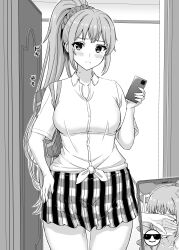 1girl absurdres blush breasts cellphone censored closed_mouth collared_shirt covered_eyes cowboy_shot doorway emoji emoji_censor frown greyscale high_ponytail highres holding holding_phone implied_fellatio inanaki_shiki kawasaki_saki large_breasts long_hair monochrome multiple_views open_door phone plaid_clothes plaid_skirt pleated_skirt school_uniform scrunchie shirt short_sleeves skirt smartphone sobu_high_school_uniform sound_effects summer_uniform sweat thighs tied_shirt very_long_hair yahari_ore_no_seishun_lovecome_wa_machigatteiru.