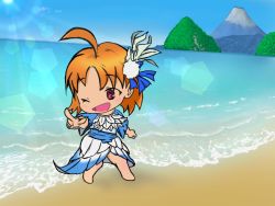 Rule 34 | 1girl, ;), artist name, artist request, bare legs, barefoot, beach, blue ribbon, blue skirt, blue sky, blush, braid, breasts, chibi, cloud, collarbone, day, dreamy color, dreamy color (love live!), dress, feather dress, feathers, feet, female focus, frilled dress, frills, full body, hair ornament, hair ribbon, looking at viewer, love live!, love live! school idol festival, love live! sunshine!!, miniskirt, mountain, ocean, one eye closed, orange hair, outdoors, parted lips, plaid, plaid dress, plaid skirt, pleated, pleated dress, pleated skirt, pointing, pointing at viewer, pom pom (clothes), pom pom hair ornament, red eyes, ribbon, short hair, short sleeves, side braid, skirt, sky, smile, solo, standing, takami chika, white dress, white feathers, white skirt, wink