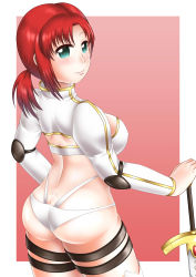 Rule 34 | 1girl, absurdres, aqua eyes, ass, blush, boudica (fate), breasts, butt crack, fate/grand order, fate (series), from behind, highres, huge ass, large breasts, long hair, long sleeves, looking at viewer, looking back, ongkaizer, panties, ponytail, red hair, shiny clothes, shiny skin, sideboob, smile, solo, sword, thighhighs, underwear, weapon