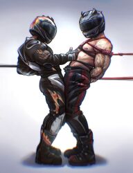 Rule 34 | 2boys, alternate costume, arched back, arm tattoo, bara, bdsm, bondage, bound, bulge, bulge press, bulges touching, call of duty, foreplay, from side, gift art, gloves, helmet, highres, jacket, male focus, motorcycle helmet, multiple boys, muscular, muscular male, nipples, pants, pectoral bondage, pectorals, photo-referenced, profile, red rope, rope, shell (fludderpy), shibari, shoes, standing, tattoo, topless male, yaoi