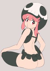 Rule 34 | 1girl, ass, bare shoulders, beanie, black hat, black thighhighs, butt crack, drawfag, embarrassed, from behind, functionally nude, grey background, hand on knee, hat, highres, jakuzure nonon, kill la kill, looking back, nervous, nudist beach uniform, open mouth, pink hair, simple background, sitting, skull print, solo, tareme, thighhighs