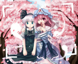 Rule 34 | 2girls, aqua eyes, arm around neck, arm on another&#039;s shoulder, bad id, bad pixiv id, cherry blossoms, covering face, covering own mouth, covering privates, female focus, folded fan, folding fan, ghost, hairband, hand fan, hat, japanese clothes, kimono, konpaku youmu, konpaku youmu (ghost), multiple girls, one eye closed, photo (object), pink hair, planet time, red eyes, ribbon, saigyouji yuyuko, short hair, touhou, viewfinder, white hair, wink, yumoto (planet)