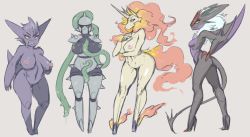 Rule 34 | 4girls, breasts, creatures (company), ferrothorn, furry, furry female, game freak, gen 1 pokemon, gen 5 pokemon, gen 6 pokemon, gengar, high heels, horns, large breasts, live for the funk, multiple girls, nintendo, nipples, noivern, nude, one-eyed, personification, pokemon, rapidash, red eyes, red hair, grabbing own breast, stiletto heels, tail, tentacles, wings, yellow eyes