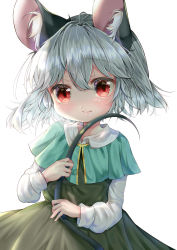 Rule 34 | 1girl, absurdres, animal ear fluff, animal ears, aqua capelet, ashino chimado, bloom, closed mouth, commentary request, dress, gold trim, grey dress, hair between eyes, highres, holding tail, light blush, long sleeves, looking at viewer, mouse ears, nazrin, puffy sleeves, red eyes, short hair, silver hair, simple background, solo, tail, touhou, white background
