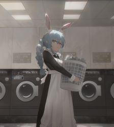 Rule 34 | 1girl, :o, animal ears, apron, basket, black dress, braid, breasts, ceiling light, dress, english text, frilled apron, frills, hair between eyes, highres, holding, holding basket, hololive, indoors, laundromat, laundry, laundry basket, light particles, long sleeves, looking at viewer, maid, multicolored hair, open mouth, orange eyes, pipilili, rabbit ears, sidelocks, small breasts, solo, thick eyebrows, twin braids, twintails, two-tone hair, usada pekora, virtual youtuber, washing machine
