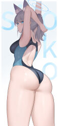Rule 34 | 1girl, absurdres, animal ear fluff, animal ears, armpits, arms up, ass, back, bare shoulders, blue archive, blue eyes, breasts, closed mouth, competition swimsuit, from behind, grey hair, halo, highleg, highleg swimsuit, highres, looking back, mato kuroi, medium breasts, mismatched pupils, one-piece swimsuit, ponytail, shiroko (blue archive), shiroko (swimsuit) (blue archive), simple background, solo, standing, swimsuit, thighs, wolf ears