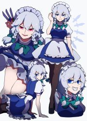 Rule 34 | 1girl, apron, aqua bow, aqua bowtie, between fingers, blue eyes, bow, bowtie, braid, breasts, cropped torso, full body, hair between eyes, hair bow, high heels, highres, holding, holding knife, iganashi1, izayoi sakuya, knife, knives between fingers, leaning forward, looking at viewer, looking back, maid, maid apron, medium breasts, pantyhose, red eyes, short hair, silver hair, smile, solo, standing, teeth, throwing knife, touhou, twin braids, variations, waist apron, weapon