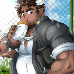 Rule 34 | 1boy, bara, belly, bracelet, brown hair, cheek bulge, cow boy, cow horns, dark-skinned male, dark skin, eating, facial hair, fat, fat man, fence, food request, gakuran, goatee, horns, jacket, jewelry, long sideburns, male focus, muscular, muscular male, necklace, open clothes, open jacket, pectorals, school uniform, short hair, sideburns, sleeves rolled up, solo, spiked bracelet, spikes, sunfight0201, tetsuox (housamo), thick eyebrows, tokyo houkago summoners, upper body