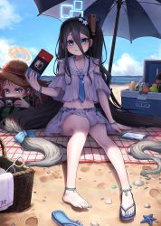 Rule 34 | 2girls, absurdly long hair, absurdres, adapted costume, aris (blue archive), basket, beach, black hair, blue archive, blue necktie, bow, cloud, cloudy sky, cooler, feet, hair between eyes, hair bow, hair ornament, halo, hat, highres, kokukyukeo, long hair, long hair between eyes, multiple girls, nail polish, navel, necktie, nintendo switch, ocean, playing games, red hair, sand, sandals, shell, sky, smile, star (symbol), star hair ornament, starfish, swimsuit, thighs, toes, umbrella, very long hair, yuzu (blue archive)