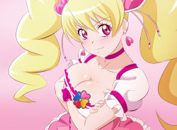 Rule 34 | 1girl, blonde hair, breasts, choker, cleavage, closed mouth, collarbone, crossed arms, cure peach, earrings, fresh precure!, fuchi (nightmare), gradient background, hair ornament, heart, heart earrings, heart hair ornament, jewelry, large breasts, light blush, long hair, looking at viewer, magical girl, momozono love, pink background, pink choker, pink eyes, precure, puffy short sleeves, puffy sleeves, short sleeves, smile, solo, twintails, upper body