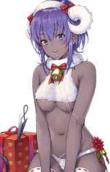 Rule 34 | 1girl, absurdres, bare arms, bare shoulders, bell, black cola, bow, box, breasts, christmas, closed mouth, curled horns, dark-skinned female, dark skin, fate/prototype, fate/prototype: fragments of blue and silver, fate (series), flower, fur collar, gift, gift box, hair between eyes, hassan of serenity (fate), hassan of serenity (merry sheep) (fate), highres, horns, kunai, medium breasts, navel, purple eyes, purple hair, red bow, red flower, ribbon-trimmed legwear, ribbon trim, sheep horns, simple background, skull print, solo, striped, striped bow, thighhighs, tongue, tongue out, underboob, weapon, white background, white thighhighs, wool