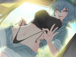 Rule 34 | 1girl, bloom, blue eyes, blue hair, breasts, cube85, dutch angle, from below, green hat, hair bobbles, hair ornament, hat, highres, kawashiro nitori, large breasts, navel, open fly, overexposure, shirt, solo, touhou, two side up