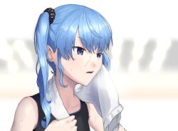 Rule 34 | 1girl, blue eyes, blue hair, breath, commentary request, feel945, highres, hololive, hoshimachi suisei, long bangs, looking ahead, medium hair, open mouth, side ponytail, simple background, sleeveless, sports bra, star (symbol), star in eye, sweat, symbol in eye, towel, towel around neck, upper body, virtual youtuber, white background, wiping face, wiping sweat