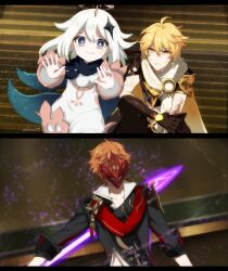 Rule 34 | 1girl, 2boys, aderu, aether (genshin impact), ahoge, anime coloring, arm armor, armor, arms up, artist name, black border, black jacket, blonde hair, blue eyes, blue scarf, border, braid, brown gloves, brown shirt, collarbone, collared shirt, crystal earrings, crystal hair ornament, dress, earrings, flying, genshin impact, gloves, hair between eyes, hair ornament, halo, hand up, highres, holding, holding weapon, injury, jacket, jewelry, long hair, long sleeves, looking at another, mask, mechanical halo, multicolored eyes, multiple boys, orange eyes, orange hair, paimon (genshin impact), purple eyes, red mask, red scarf, scarf, shirt, short hair, short sleeves, shoulder armor, single earring, sitting, standing, star (symbol), sweatdrop, tartaglia (genshin impact), teeth, v-shaped eyebrows, weapon, white dress, white hair, white scarf, white shirt, wide sleeves