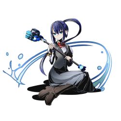 Rule 34 | 10s, 1girl, black skirt, blue eyes, blue hair, boots, bow, bowtie, divine gate, dress shirt, floating hair, full body, holding, holding weapon, long hair, long skirt, looking at viewer, official art, pleated skirt, rainy (divine gate), red bow, renito, shadow, shirt, sitting, skirt, solo, transparent background, ucmm, uniform, weapon, wezaadoriizu, white shirt