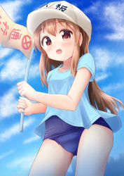 Rule 34 | 10s, 1girl, blue one-piece swimsuit, blue shirt, blue sky, brown eyes, brown hair, clothes writing, cloud, day, flag, flat cap, from below, hat, hataraku saibou, highres, holding, holding flag, inakami, long hair, one-piece swimsuit, outdoors, platelet (hataraku saibou), school swimsuit, shirt, short sleeves, sky, solo, swimsuit, swimsuit under clothes, white hat