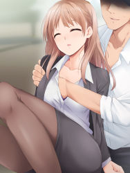 Rule 34 | 1girl, blurry, blurry background, blush, bra, grabbing another&#039;s breast, breasts, closed eyes, drugged, formal, grabbing, grabbing from behind, grey skirt, grey suit, groping, highres, indoors, kaiga, legs, light blush, light brown hair, medium breasts, medium hair, no eyes, nose blush, office lady, original, pantyhose, parted lips, rape, sitting, skirt, sleep molestation, sleeping, smile, suit, thighs, unbuttoned, unbuttoned shirt, underwear