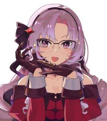 Rule 34 | 1girl, :d, bare shoulders, blush, brown gloves, chest tattoo, claw ring, dress, glasses, gloves, hair ornament, hair ribbon, hairband, hands up, highres, hsin, hyakumantenbara salome, hyakumantenbara salome (1st costume), juliet sleeves, light purple hair, long hair, long sleeves, looking at viewer, nijisanji, off shoulder, open mouth, puffy sleeves, purple eyes, purple ribbon, red dress, ribbon, simple background, smile, solo, tattoo, upper body, virtual youtuber, white background