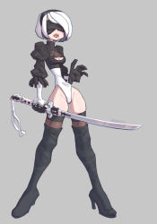 Rule 34 | 1girl, 2b (nier:automata), boots, breasts, cleavage, cleavage cutout, clothing cutout, covered eyes, gloves, grey background, heattech leotard, high heel boots, high heels, highres, mole, mole under mouth, nier:automata, nier (series), self-upload, short hair, simple background, sword, thighhighs, thighs, turtleneck, weapon, white hair