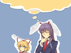 Rule 34 | 2girls, ?, animal ears, blazer, blonde hair, blouse, blue eyes, blush, bow, buttons, collared shirt, commentary request, crescent, crescent pin, doll, doll joints, frilled shirt collar, frills, highres, jacket, joints, long hair, long sleeves, medicine melancholy, moon rabbit, multiple girls, necktie, nicutoka, purple hair, rabbit ears, red bow, red neckwear, reisen udongein inaba, shirt, thinking, touhou, very long hair, white shirt