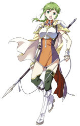 Rule 34 | adapted costume, agahari, armor, boots, braid, cape, fire emblem, fire emblem: the sacred stones, green eyes, green hair, nintendo, open mouth, polearm, shoulder pads, solo, spear, thighhighs, vanessa (fire emblem), weapon, white armor