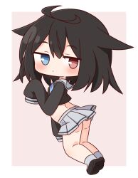 Rule 34 | 1girl, black footwear, black hair, black shirt, blue eyes, blue neckerchief, blush, chibi, closed mouth, commentary request, crop top, from side, full body, grey sailor collar, grey skirt, grey socks, hair between eyes, hana kazari, heterochromia, highres, long sleeves, looking at viewer, looking to the side, midriff, neckerchief, original, pink background, pleated skirt, puffy long sleeves, puffy sleeves, red eyes, sailor collar, school uniform, serafuku, shirt, shoe soles, shoes, skirt, sleeves past fingers, sleeves past wrists, socks, solo, two-tone background, white background