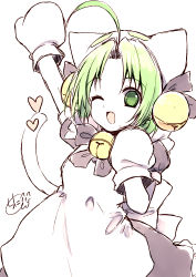 Rule 34 | 1girl, ;d, ahoge, animal ears, animal hat, apron, arm up, bell, black bow, black dress, bow, chita (ketchup), dejiko, di gi charat, dress, fang, forehead, green eyes, green hair, hair bell, hair ornament, hat, jingle bell, looking at viewer, mittens, one eye closed, open mouth, parted bangs, puffy short sleeves, puffy sleeves, short sleeves, smile, solo, tail, tail raised, white apron, white hat, white mittens