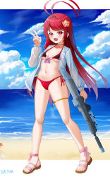 Rule 34 | 1girl, :d, absurdres, antenna hair, assault rifle, bare shoulders, beach, bikini, blue sky, breasts, choker, cleavage, cloud, cloudy sky, collarbone, commentary request, fang, flower, full body, gun, hair between eyes, hair flower, hair ornament, highres, holding, holding gun, holding weapon, horizon, jacket, long hair, looking at viewer, navel, ocean, open mouth, original, parted bangs, red bikini, red eyes, red hair, rifle, sandals, side-tie bikini bottom, sidelocks, sky, skym (kumei), smile, solo, spaghetti strap, stomach, swimsuit, thighlet, trigger discipline, v, weapon