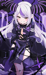 Rule 34 | 1girl, absurdres, ascot, belt, black belt, blush, braid, coat, collar, demon horns, fang, feet out of frame, grey hair, haidollo, highres, hololive, horns, la+ darknesss, long hair, long sleeves, looking at viewer, metal collar, multicolored hair, pointy ears, purple background, purple coat, purple hair, purple thighhighs, sidelocks, single thighhigh, skin fang, sleeves past fingers, sleeves past wrists, smile, solo, star (symbol), streaked hair, striped horns, swept bangs, teeth, thighhighs, thighs, very long hair, virtual youtuber, yellow ascot, yellow eyes