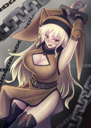 Rule 34 | 1girl, armpits, arms up, bdsm, belt, black hat, blonde hair, bondage, boots, bound, bound wrists, breasts, chain, cleavage, cleavage cutout, clothing cutout, cuffs, detached sleeves, dress, hat, jony (avion mura), long hair, long sleeves, looking at viewer, matara okina, open mouth, panties, skirt, solo, tabard, thigh boots, thighhighs, touhou, underwear, wide sleeves, yellow eyes