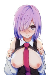 Rule 34 | 1girl, bad id, bad pixiv id, bare shoulders, between breasts, black dress, blush, breasts, breasts apart, breasts out, collared dress, dress, fate/grand order, fate (series), glasses, hair over one eye, highres, hijiri-tukasa, jacket, large breasts, looking at viewer, mash kyrielight, necktie, necktie between breasts, nipples, nose blush, off shoulder, open clothes, open dress, purple eyes, purple hair, short hair, simple background, solo, upper body, white background