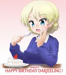 Rule 34 | 1girl, bad id, bad twitter id, birthday cake, black necktie, blonde hair, blue eyes, blue sweater, blush, braid, cake, character name, commentary, darjeeling (girls und panzer), dated, daxz240r, dress shirt, eating, english text, food, fork, fruit, girls und panzer, gradient background, happy birthday, highres, holding, holding fork, light blush, long sleeves, necktie, open mouth, pink background, saucer, school uniform, shirt, short hair, smile, solo, st. gloriana&#039;s school uniform, strawberry, sweater, twin braids, v-neck, white shirt, wing collar