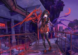 Rule 34 | 1girl, adapted costume, arms behind back, artist request, black hair, black thighhighs, building, crescent moon, dress, full body, hair between eyes, highres, houjuu nue, industrial, industrial pipe, long hair, looking at viewer, mechanical parts, moon, outdoors, polearm, purple sky, railing, rebar, red eyes, red footwear, red moon, ribbon, scissors, shoes, short dress, sky, smoke, snake, solo, spear, stairs, standing, thighhighs, torn clothes, torn sleeves, torn thighhighs, touhou, trident, weapon, wings, zettai ryouiki