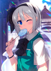 Rule 34 | 1girl, black bow, black bowtie, black hairband, black ribbon, blue eyes, blurry, blurry background, bow, bowtie, building, candy, collared shirt, colored eyelashes, commentary request, depth of field, eating, food, hair ribbon, hairband, highres, hitodama, konpaku youmu, konpaku youmu (ghost), lens flare, lollipop, looking at viewer, one eye closed, ribbon, sazanami mio, shirt, short hair, short sleeves, silver hair, solo, touhou, upper body, white shirt, wing collar, wristband