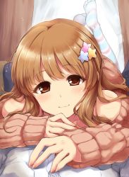Rule 34 | 1girl, :3, bare shoulders, blush, brown eyes, brown hair, brown sweater, curtains, detached sleeves, girl on top, hair ornament, highres, idolmaster, idolmaster cinderella girls, indoors, long hair, looking at viewer, lying, moroboshi kirari, no shoes, on person, on stomach, paopao, pov, ribbed sweater, smile, socks, solo focus, star (symbol), star hair ornament, striped clothes, striped legwear, striped socks, sweater, twitter username
