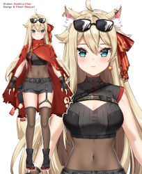 Rule 34 | 1girl, animal ear fluff, animal ears, artist name, bands, black footwear, black gloves, black shorts, blonde hair, blush, bodystocking, boots, breasts, cat ears, character name, cleavage cutout, cloak, clothing cutout, covered navel, earrings, eyewear on head, gloves, highres, hoshino char, jewelry, kemonomimi mode, medium breasts, official art, partially fingerless gloves, red cloak, rosuuri, short shorts, shorts, sunglasses, thigh strap, thighhighs, tsunderia, virtual youtuber