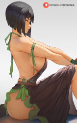 Rule 34 | 1girl, araneesama, arm ribbon, backless outfit, black hair, bob cut, breasts, brown eyes, from side, god eater, god eater burst, green ribbon, halterneck, highres, knees up, large breasts, looking to the side, paid reward available, patreon username, ribbon, short hair, sideboob, sideless outfit, simple background, sitting, solo, tachibana sakuya (god eater)
