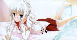 Rule 34 | 1girl, bare legs, barefoot, bespectacled, blue eyes, blush, drawing, glasses, hidan no aria, highres, jeanne d&#039;arc (hidan no aria), kobuichi, looking at viewer, lying, mechanical pencil, on stomach, pencil, pleated skirt, ponytail, rimless eyewear, school uniform, skirt, solo, white hair