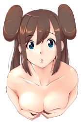 Rule 34 | 10s, 1girl, :o, blue eyes, breasts, brown hair, cleavage, collarbone, covering breasts, covering privates, creatures (company), double bun, egooo, eyebrows, game freak, hair bun, long hair, looking at viewer, nintendo, nude, pokemon, pokemon bw2, rosa (pokemon), simple background, solo, upper body, white background