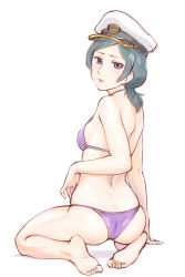 Rule 34 | 10s, 1girl, arm support, ass, back, barefoot, bikini, blush, buddy complex, feet, from behind, green hair, hat, lene kleinbeck, long hair, looking back, peaked cap, purple eyes, sitting, solo, swimsuit, toes, ueyama michirou