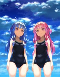 Rule 34 | 2girls, :/, arms at sides, bare arms, bare shoulders, black one-piece swimsuit, blue hair, blue sky, closed mouth, cloud, cloudy sky, collarbone, competition school swimsuit, covered navel, cowboy shot, day, highres, kotonoha akane, kotonoha aoi, kurione (zassou), legs apart, long hair, looking at viewer, multiple girls, one-piece swimsuit, one side up, outdoors, pink eyes, pink hair, school swimsuit, siblings, sisters, sky, smile, swimsuit, voiceroid