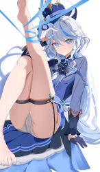 Rule 34 | 1girl, absurdres, ass, asymmetrical gloves, bare legs, barefoot, bipup-hola, black gloves, blue bow, blue eyes, blue gloves, blue hair, blue hat, blue jacket, blue nails, blue ribbon, bow, closed mouth, expressionless, furina (genshin impact), genshin impact, gloves, hat, highres, jacket, kneepits, knees together feet apart, leg up, legs, long hair, looking at viewer, mismatched gloves, multicolored hair, nail polish, panties, ribbon, shorts, simple background, sitting, soles, solo, thigh strap, toenail polish, toenails, toes, top hat, underwear, white background, white gloves, white panties, white trim bow