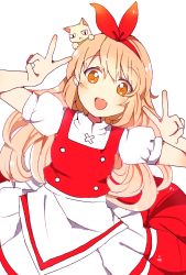 Rule 34 | 1boy, 1girl, apron, blonde hair, bow, cat, double v, dress, dutch angle, ellen (touhou), hair bow, happy, highres, long hair, looking at viewer, open mouth, puffy short sleeves, puffy sleeves, red bow, red dress, shirt, short sleeves, simple background, sokrates (touhou), touhou, touhou (pc-98), v, white background, white cat, white shirt, yellow eyes, zerokosan