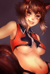 Rule 34 | 1girl, animal ears, arc system works, blazblue, blazblue: continuum shift, breasts, brown eyes, brown hair, makoto nanaya, midriff, navel, revealing clothes, sheryth, short hair, simple background, smile, solo, squirrel ears, squirrel tail, tail, underboob