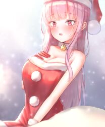 Rule 34 | absurdres, bell, blush, breasts, christmas, cleavage, dress, fur-trimmed collar, fur-trimmed headwear, fur trim, hat, highres, hololive, hololive english, ijac ray, jingle bell, large breasts, long hair, looking at viewer, mori calliope, open mouth, pink hair, red eyes, santa dress, santa hat, smile, virtual youtuber